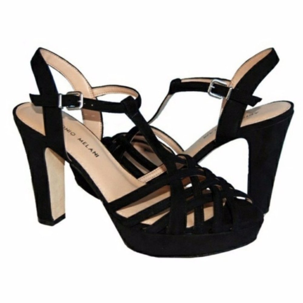 Antonio Melani Jeri Black Suede Slingback Platform Heels Sandals Size 6.5 EUC